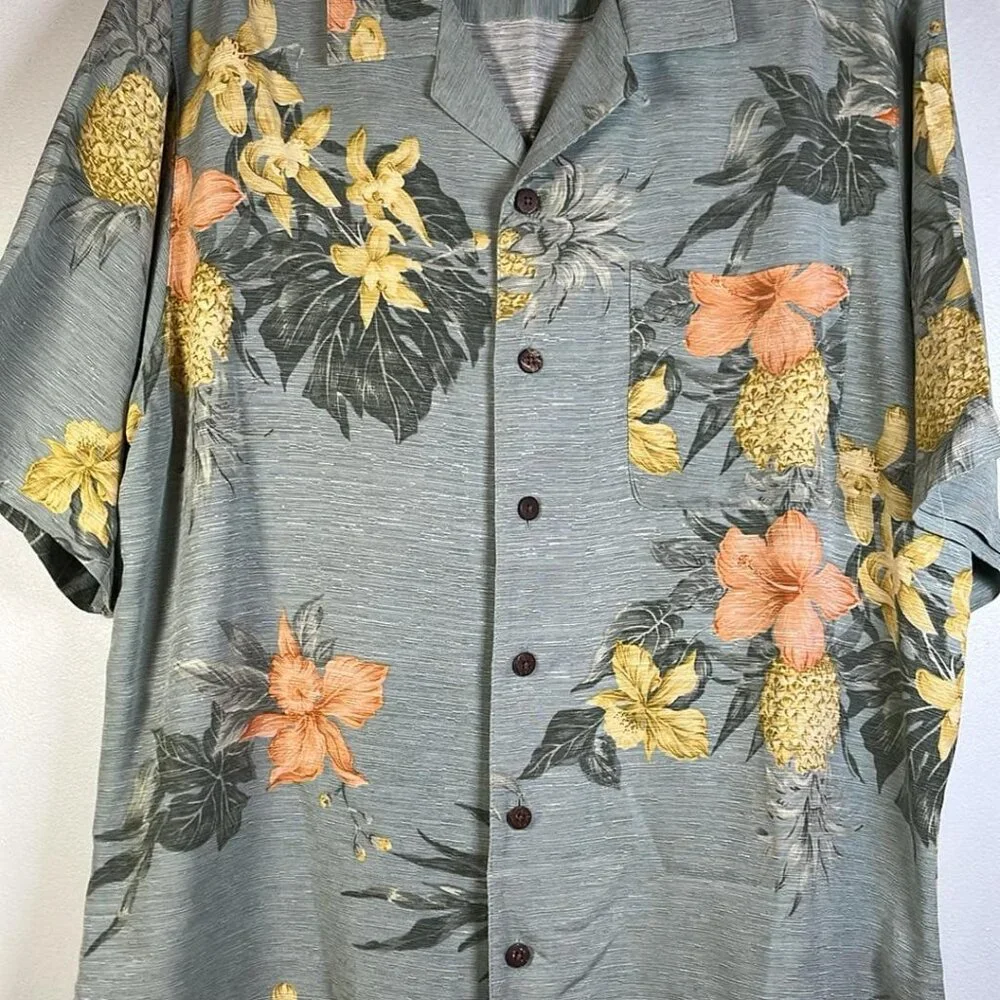 Havana Jack's Café Mens LG Hawaiian Button Up Green 100% Silk Father's Day‎ Gi